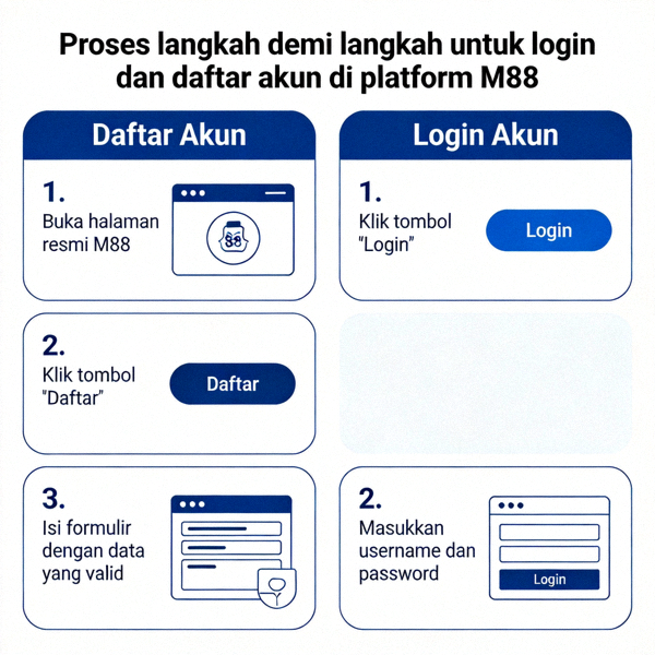 Proses langkah demi langkah untuk login dan daftar akun di platform M88